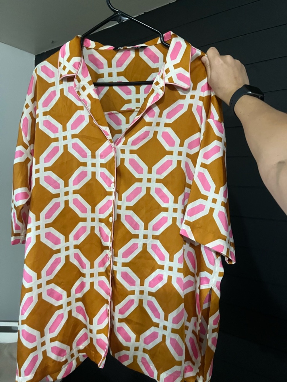 Zara Geometric Button-Front Blouse in Mustard, Pink & White